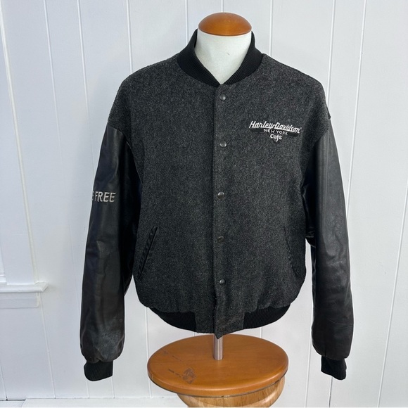 Vintage Harley Davidson New York Cafe Wool & Leather Bomber Jacket - Picture 2 of 11